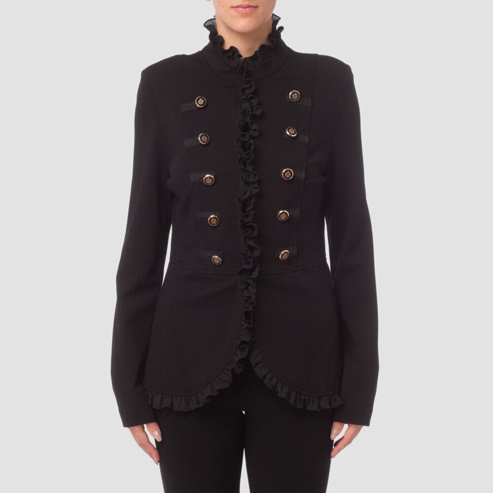 Joseph Ribkoff Black Ruffle Trim Jacket Designer Double-Breasted Blazer Size 8